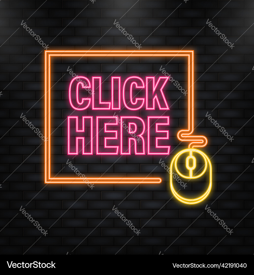 Neon icon with click here 3d button on dark Neon icon with click here 3d button on dark vector image