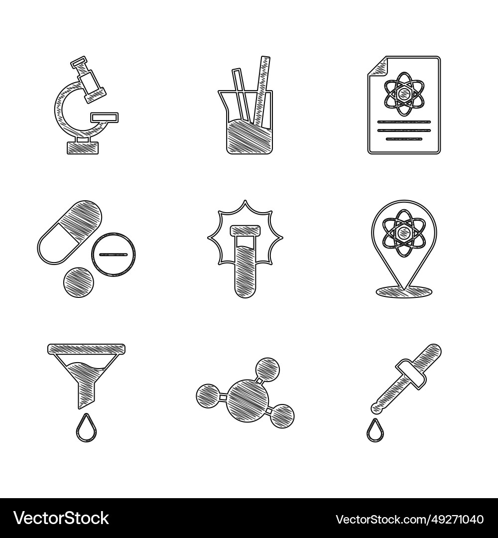Set explosion in the flask molecule pipette atom Set explosion in the flask molecule pipette atom vector image