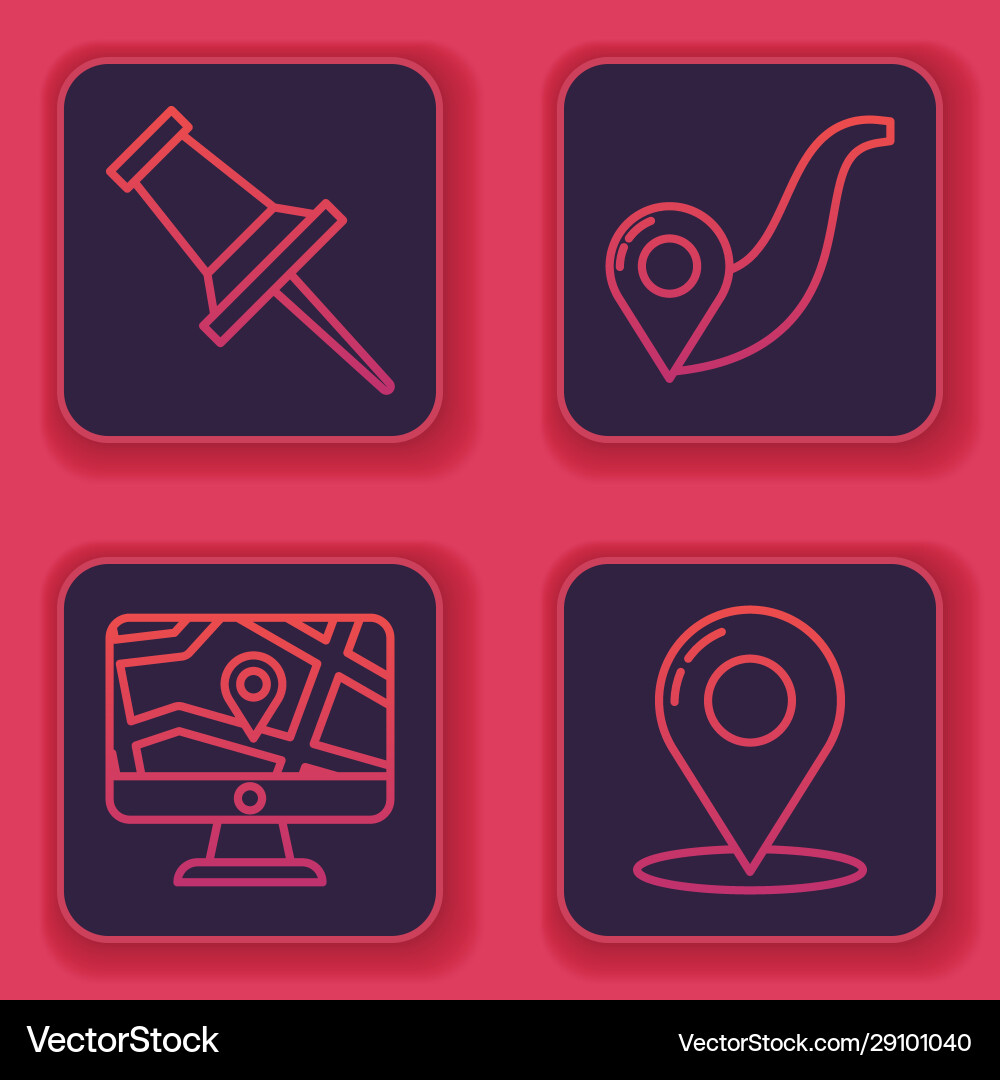 Set line push pin monitor and folded map vector image