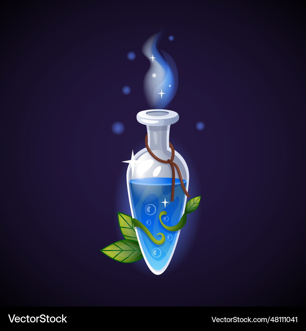 Blue potion in flack elixir bottle with leaves Blue potion in flack elixir bottle with leaves vector image