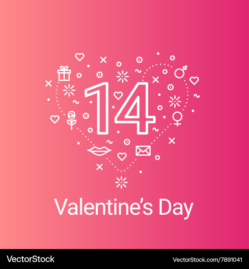 Valentines day outline heart and 14 date Vector Image