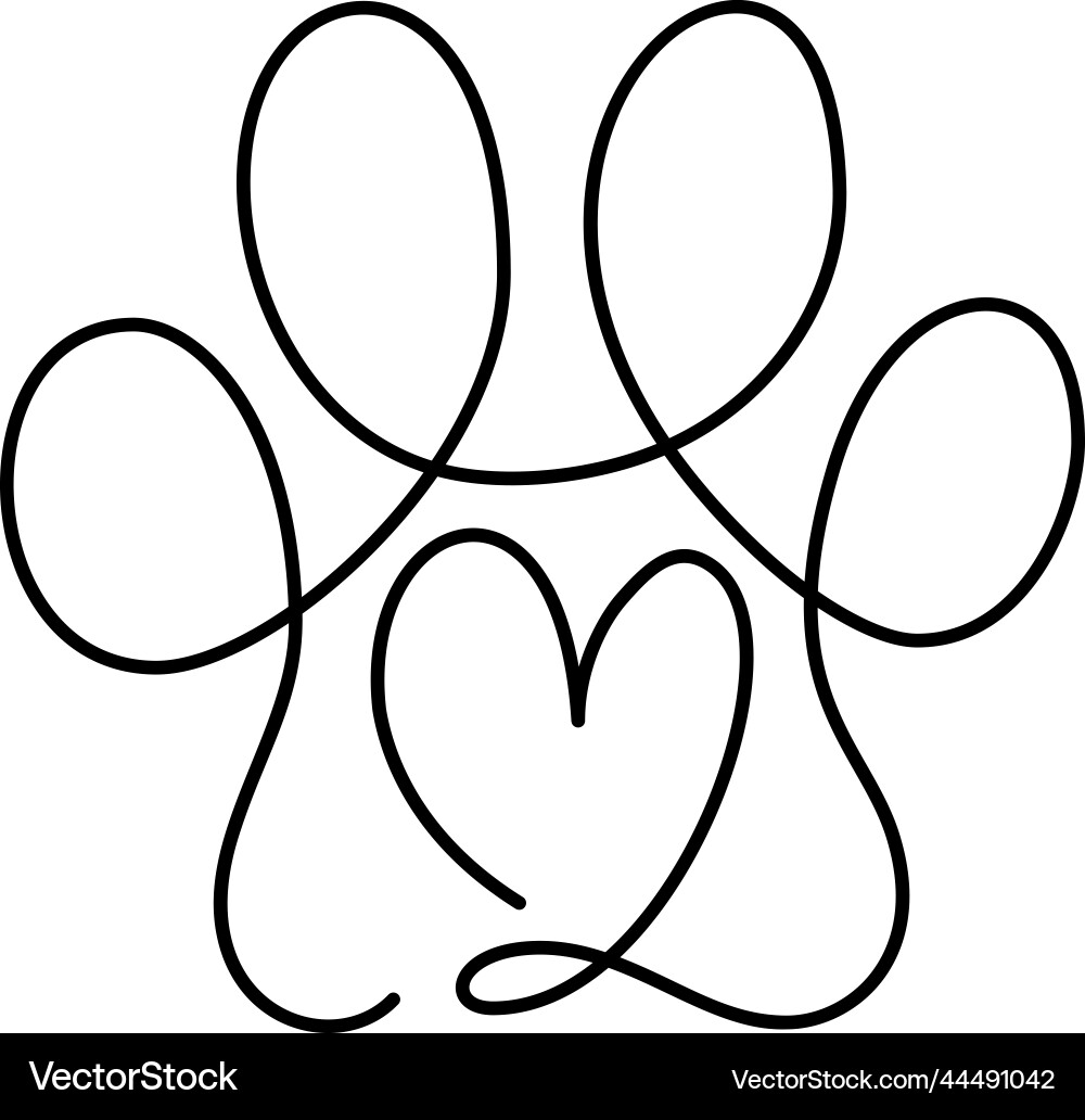 Heart with Paw Print - Continuous Line Art Vector Image