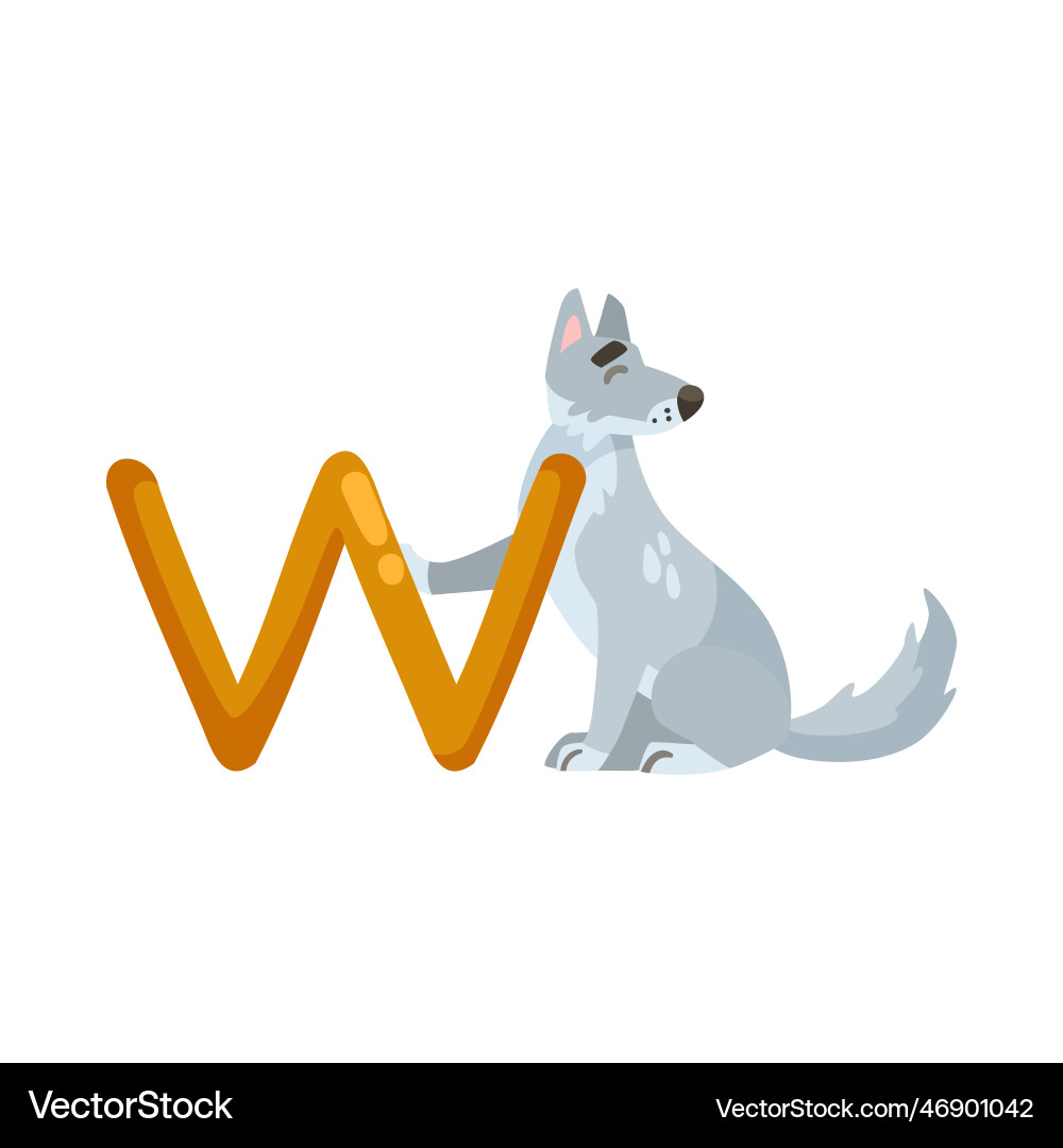 Wolf character with alphabet letter w Royalty Free Vector