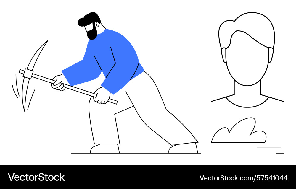 Man mining with pickaxe beside profile outline vector image