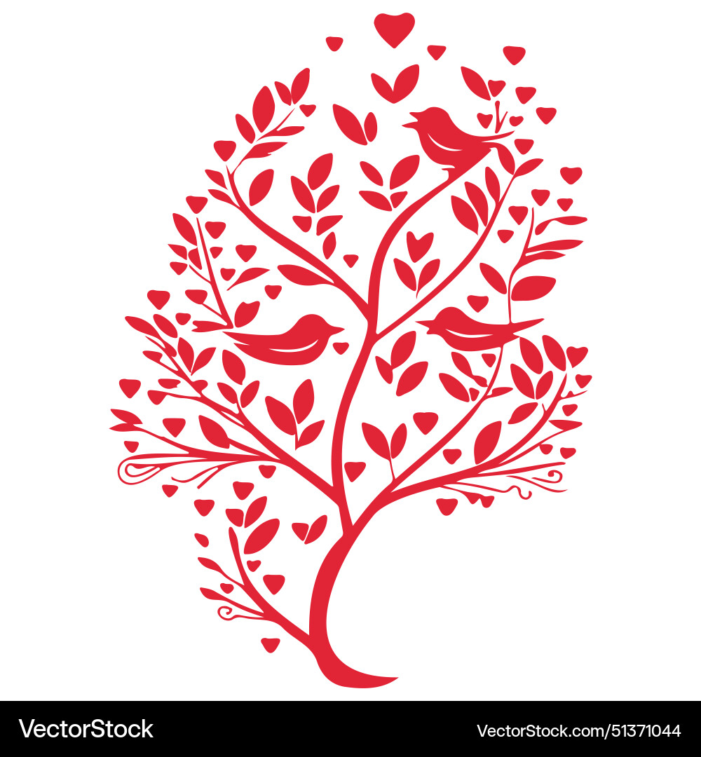 Valentine red tree hearts and two birds Royalty Free Vector