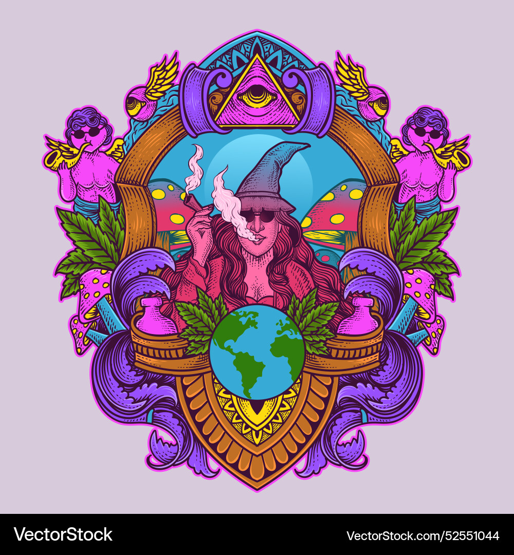 Witch smoking marijuana with colorful engraving Vector Image