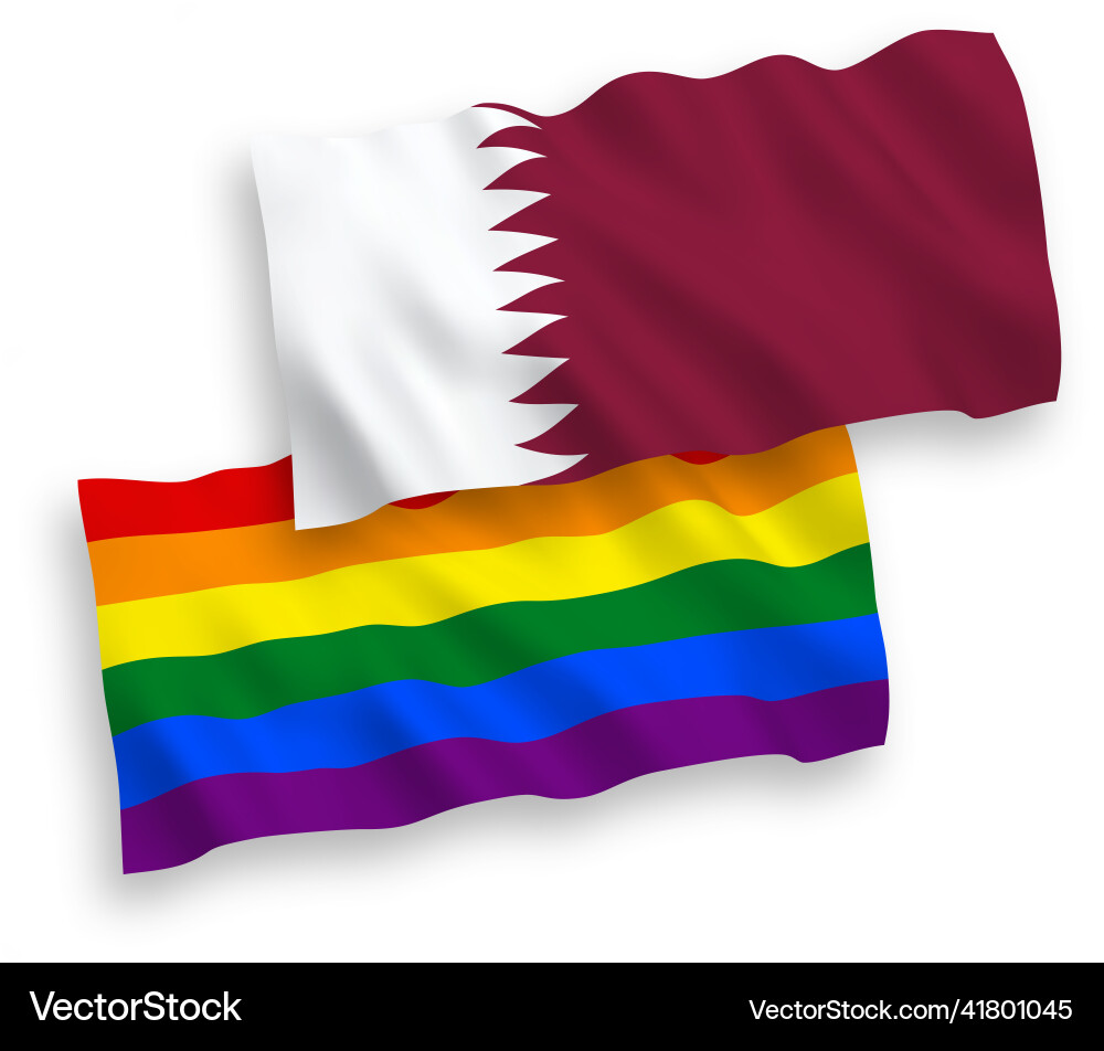 Flaggen von Regenbogen Homosexuell Stolz und Katar auf einem weißen Flaggen von Regenbogen Homosexuell Stolz und Katar auf einem weißen vektorbild