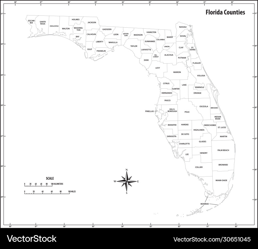 Florida State Administrative Map – Royalty-Free Vector | VectorStock, image size:1000x966