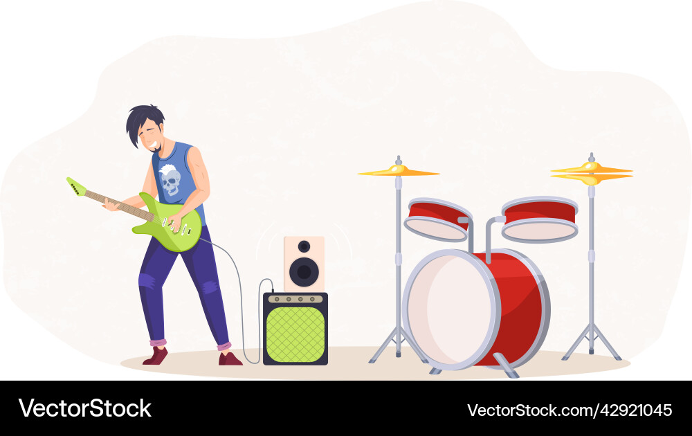 Male rocker playing rock music guitar on stage Vector Image