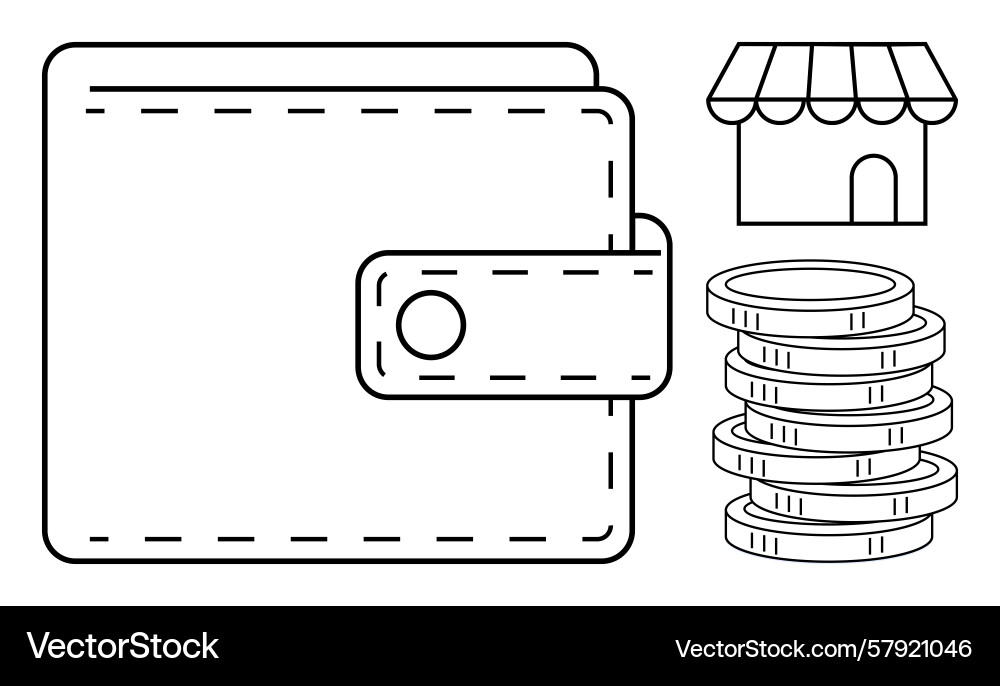 Wallet with coins and storefront representing Wallet with coins and storefront representing Vector Image