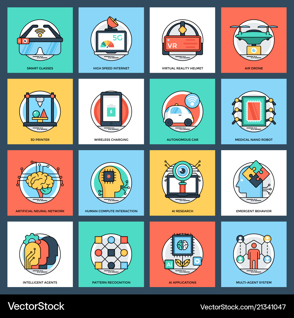 Artificial intelligence flat icons set Artificial intelligence flat icons set vector image