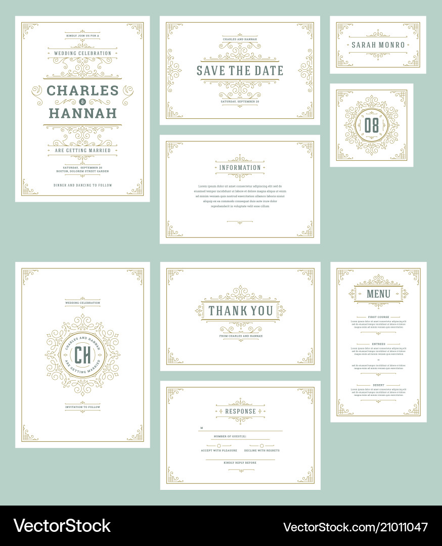 Set wedding invitations cards flourishes ornaments Set wedding invitations cards flourishes ornaments vector image