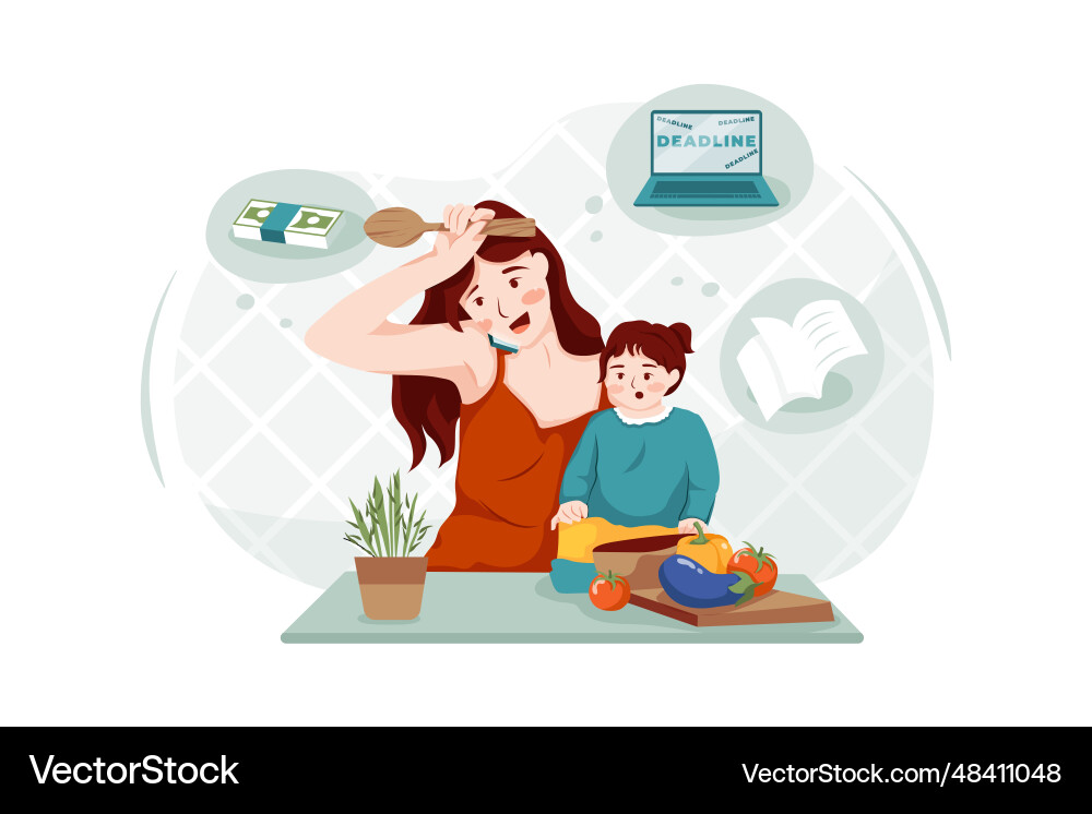 Mother is cooking while listening to the phone Mother is cooking while listening to the phone vector image