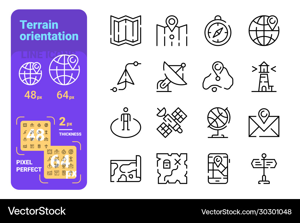 Set terrain orientation simple lines icons Set terrain orientation simple lines icons Vector Image