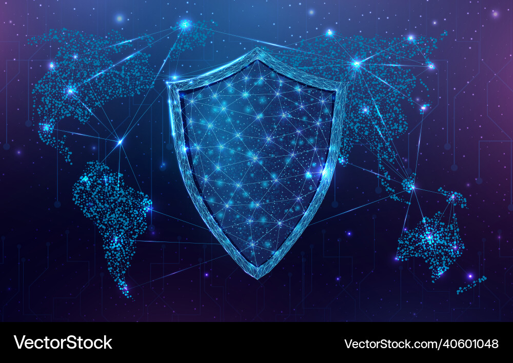 Wireframe polygonal shield with globe map cyber vector image