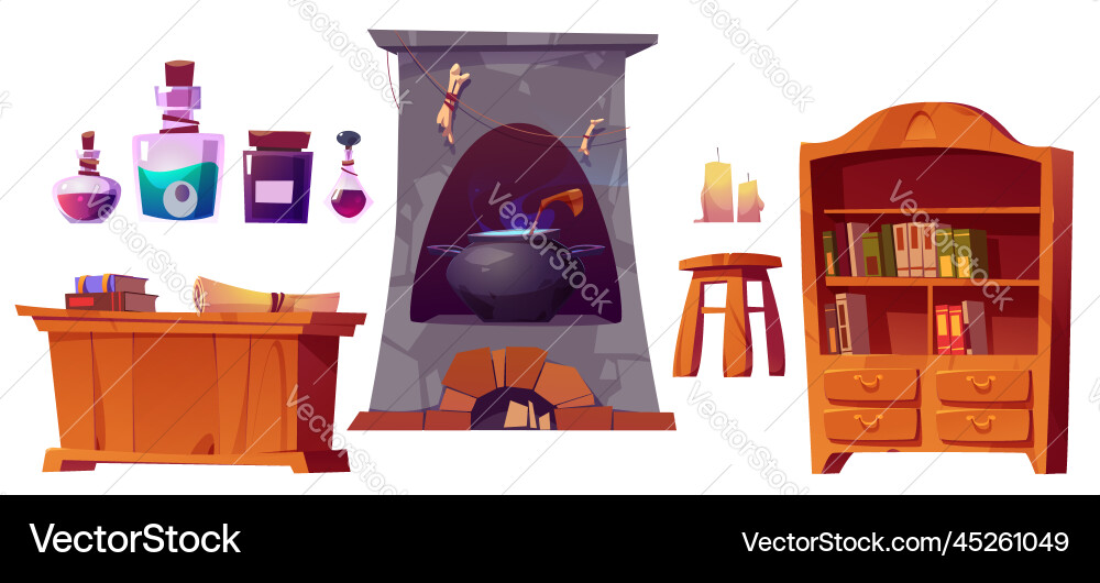 Alchemist shop set with books magic potions Alchemist shop set with books magic potions vector image