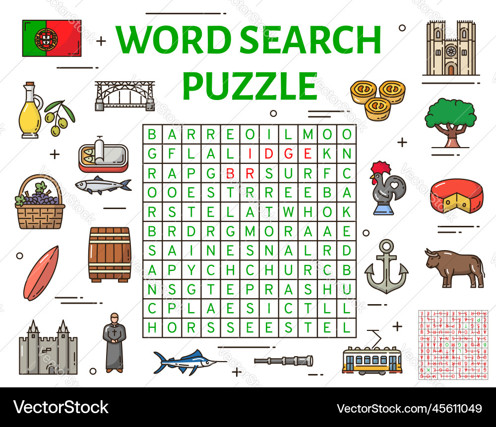 Portugal symbols word search puzzle game worksheet Portugal symbols word search puzzle game worksheet vector image