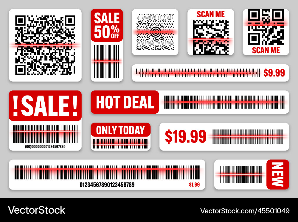 Product barcodes and qr codes with red scanning vector image