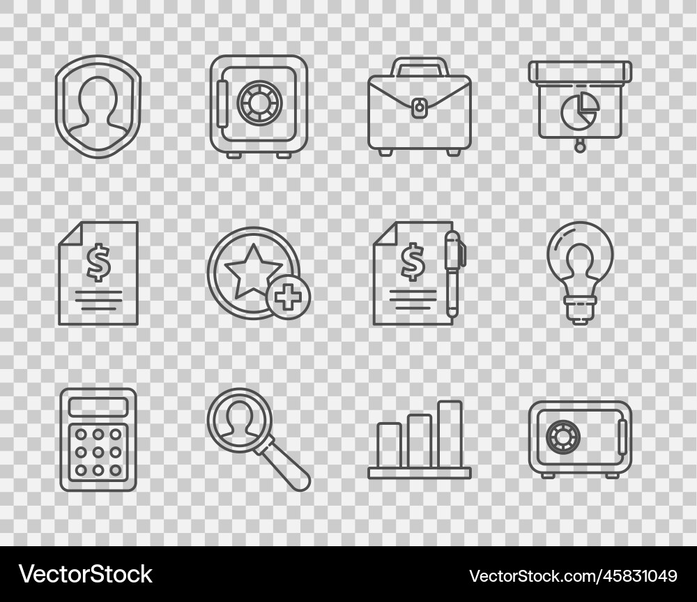 Set line calculator safe briefcase magnifying Set line calculator safe briefcase magnifying vector image