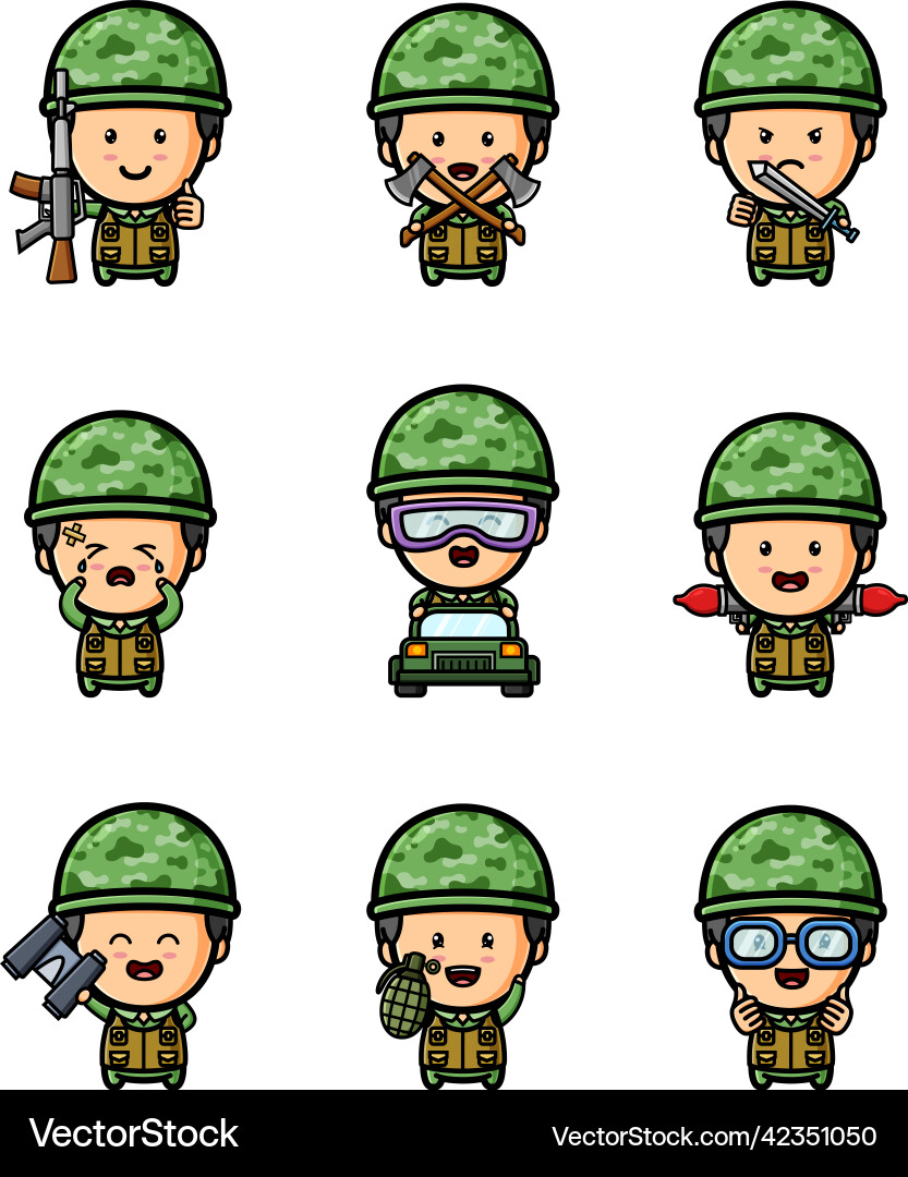 Army with the different expression mascot bundle Army with the different expression mascot bundle Vector Image