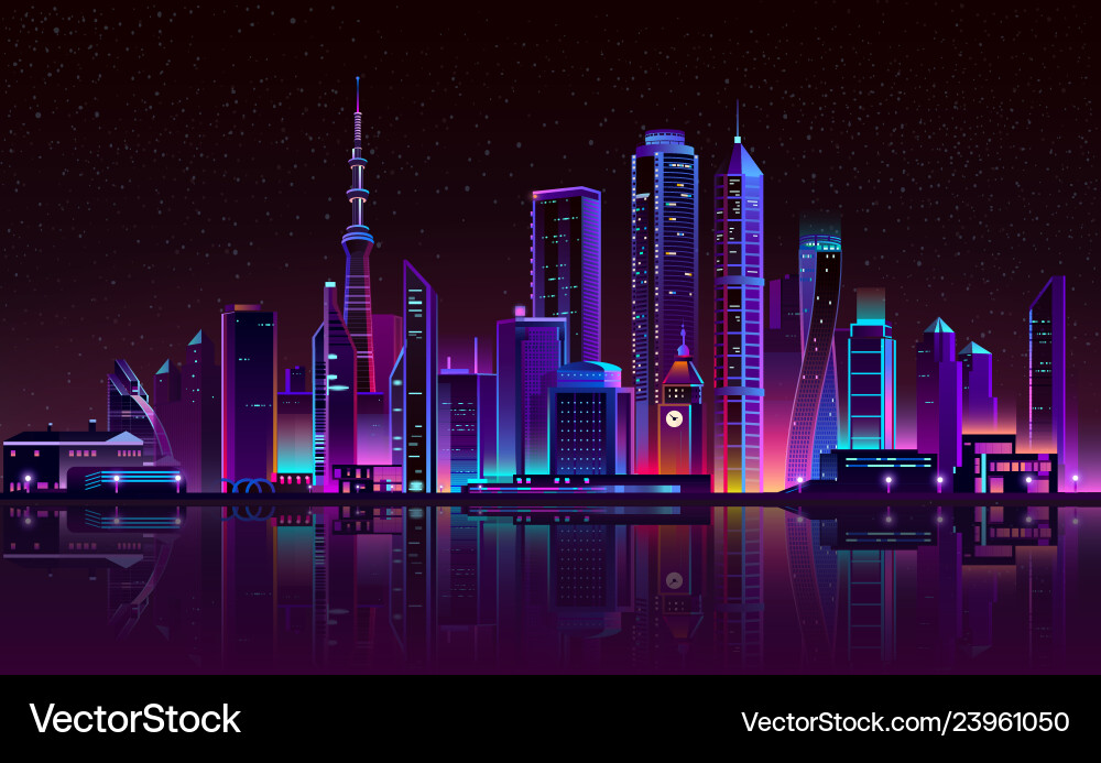 Clock tower on river glowing city Clock tower on river glowing city vector image