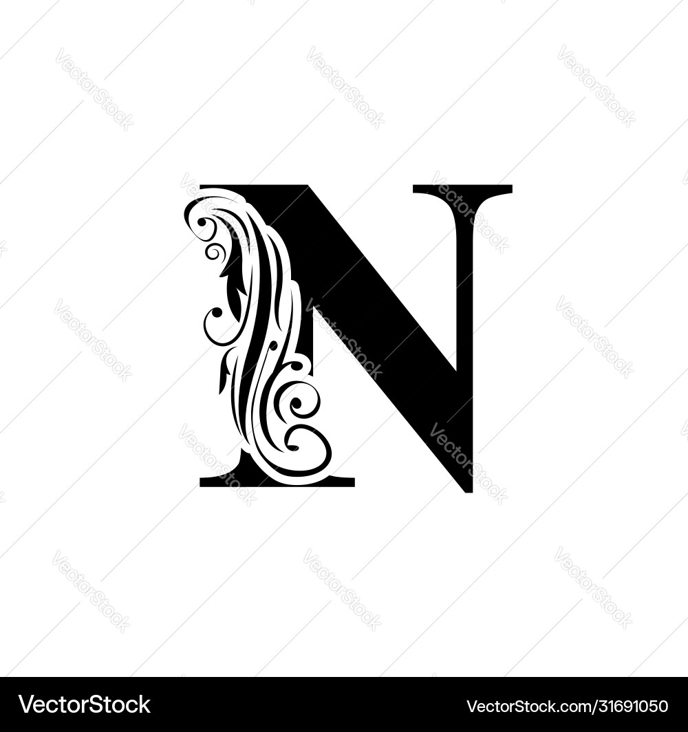 Letter n vintage black flower ornament initial vector image