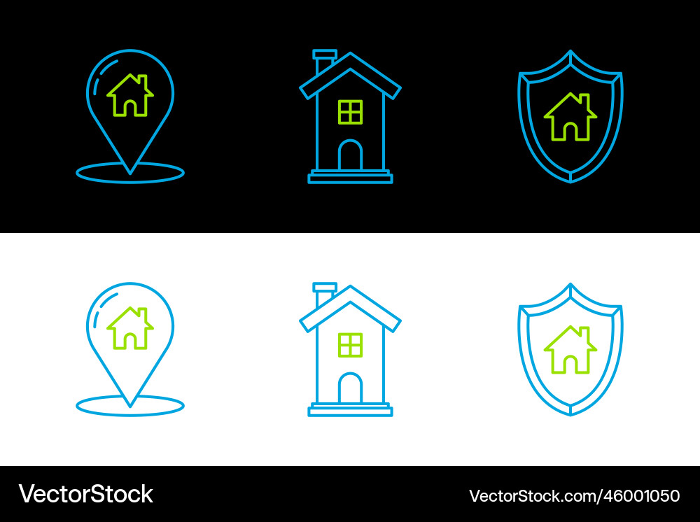 Set line house with shield map pointer Set line house with shield map pointer Vector Image