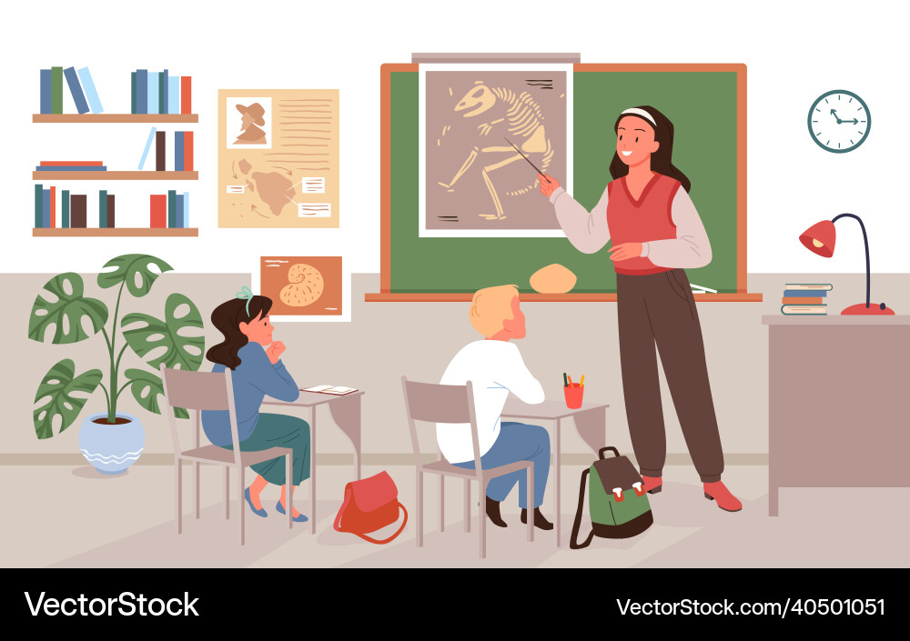 Teacher showing pointer to bones of prehistoric Vector Image