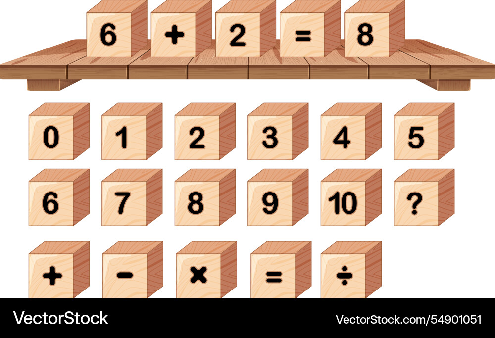 Wooden blocks with numbers and math symbols Wooden blocks with numbers and math symbols vector image