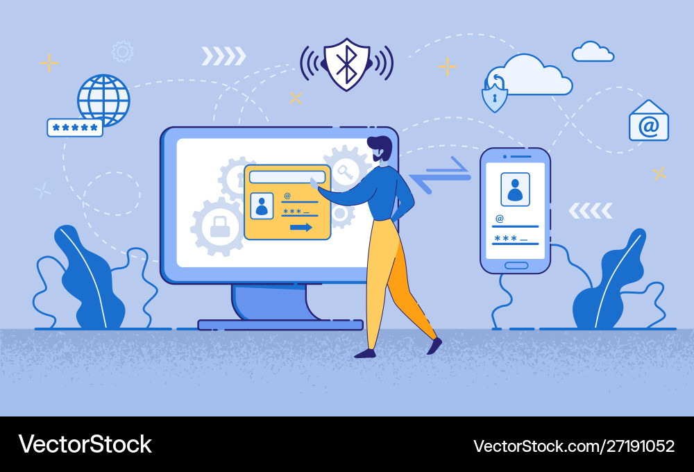 Cartoon man use computer two-factor authentication vector image