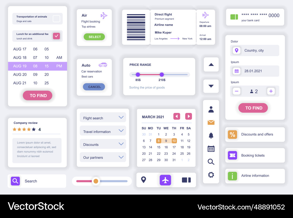 User interface elements set for booking mobile app User interface elements set for booking mobile app vector image