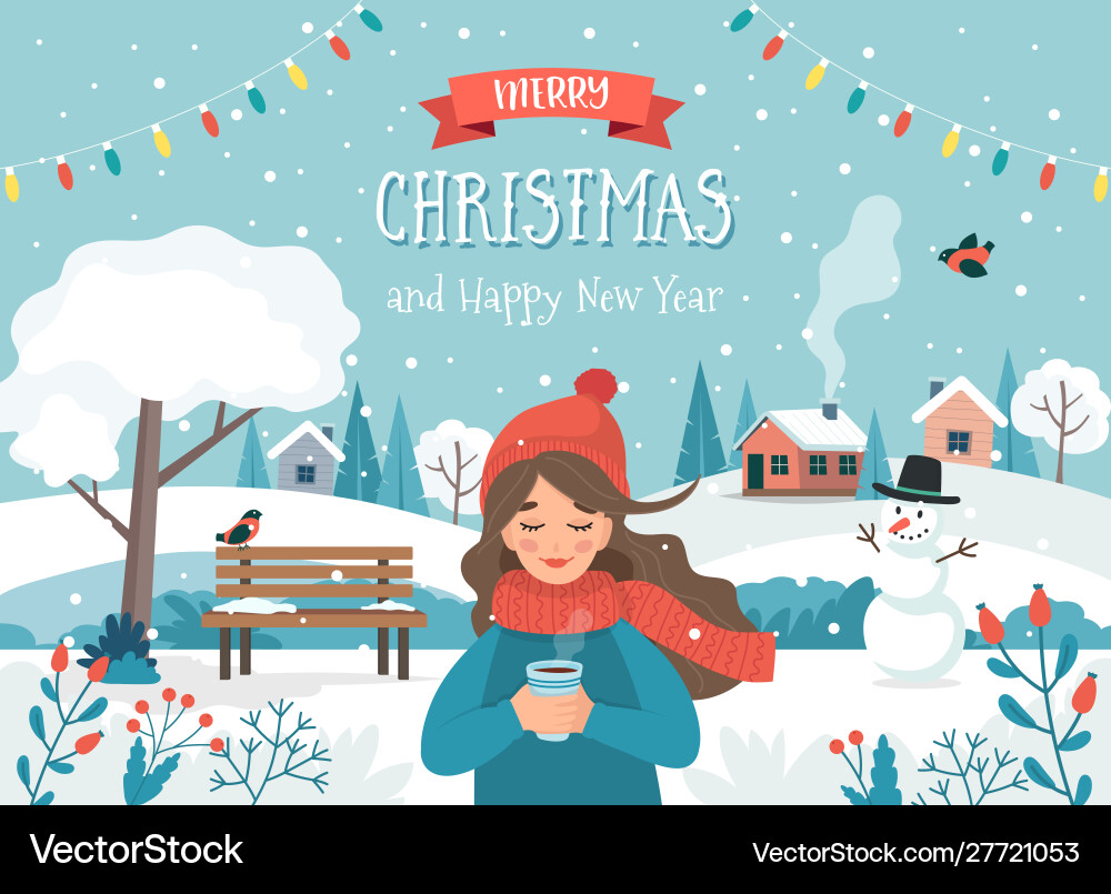 Merry christmas card with a girl and cute Merry christmas card with a girl and cute vector image