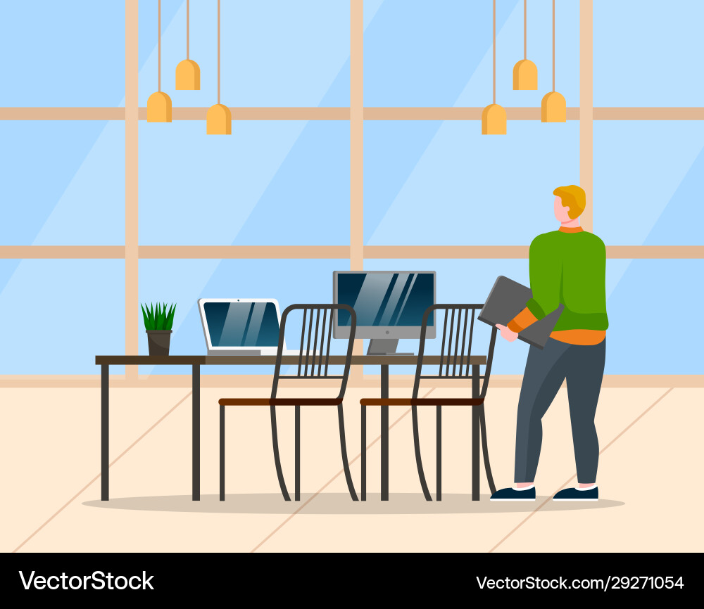 Man standing near table with computer at office Man standing near table with computer at office vector image