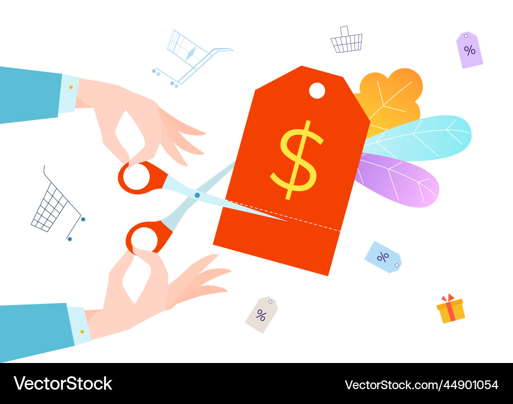 People hand hold scissors cut price ribbon tag People hand hold scissors cut price ribbon tag vector image