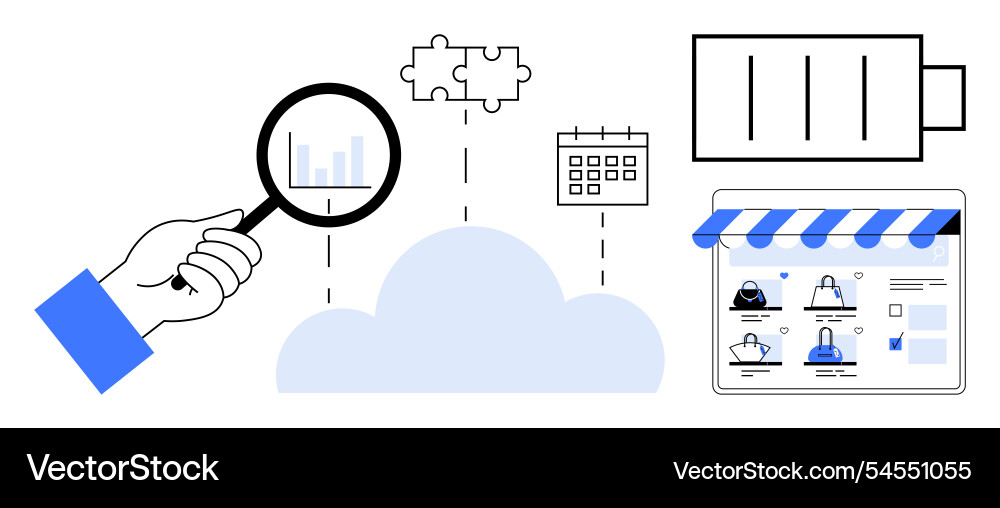 Analyzing cloud data with magnifying glass e Analyzing cloud data with magnifying glass e vector image