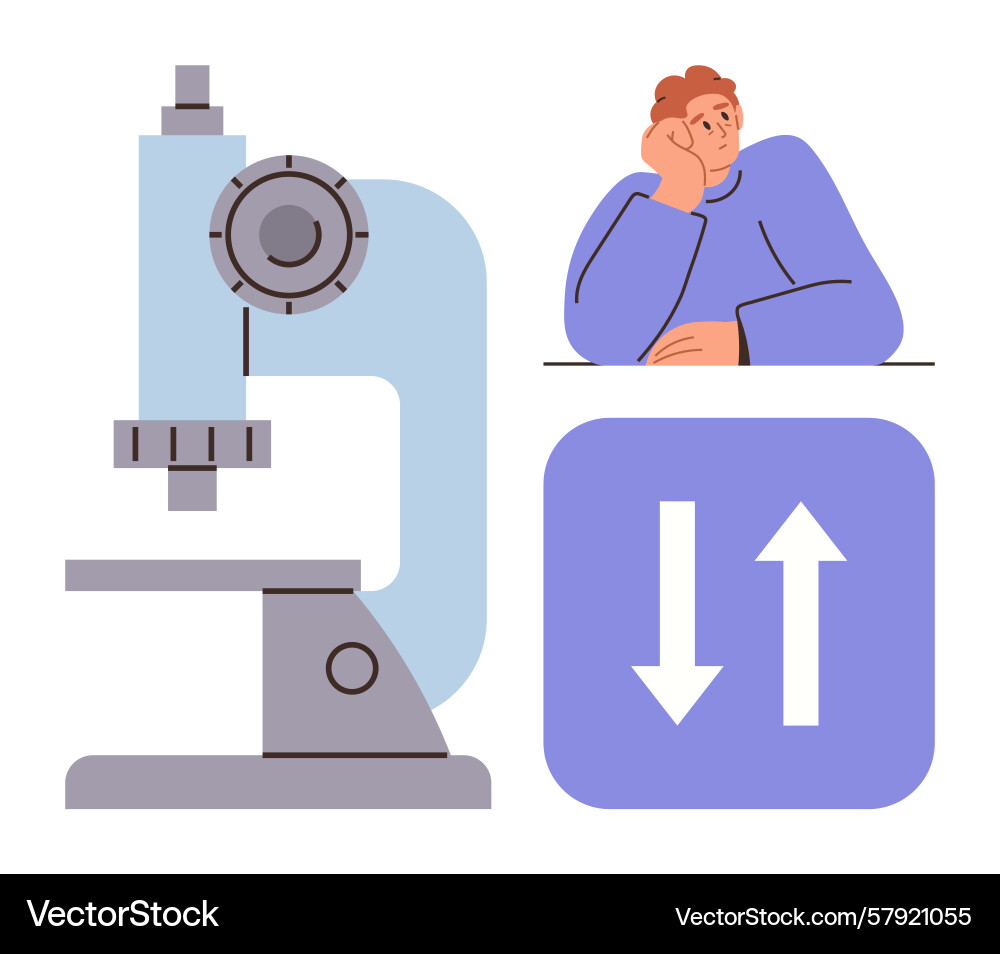 Focused scientist beside microscope and data Vector Image