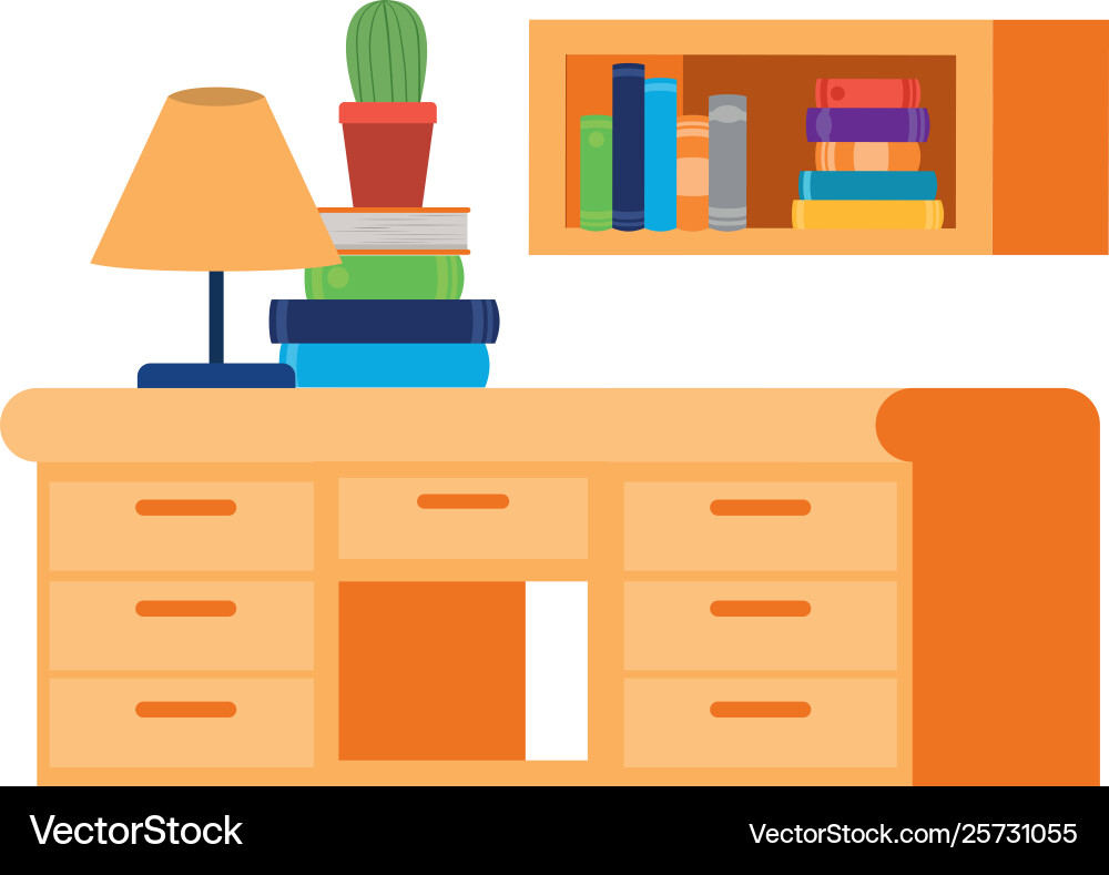 Schreibtisch und Regal mit Stapelbüchern auf weiß Schreibtisch und Regal mit Stapelbüchern auf weiß vektorbild
