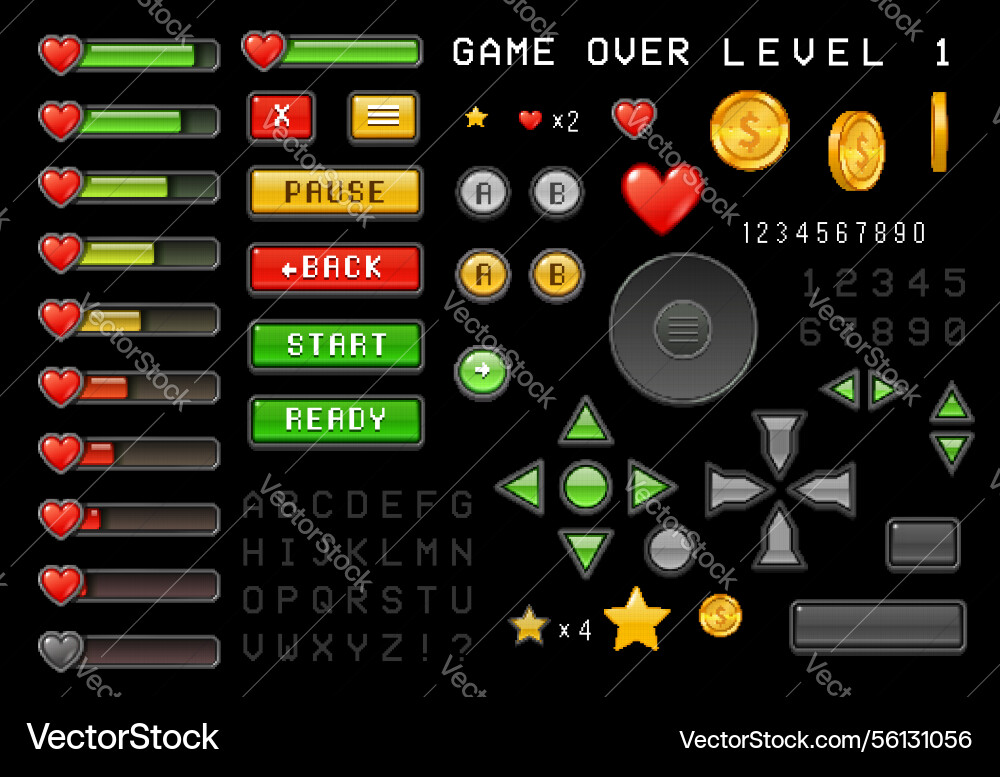 8bit pixel art game interface buttons loading bar 8bit pixel art game interface buttons loading bar vector image
