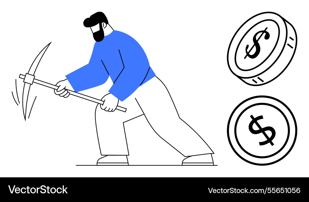 Man mining cryptocurrency with pickaxe near coins Man mining cryptocurrency with pickaxe near coins vector image