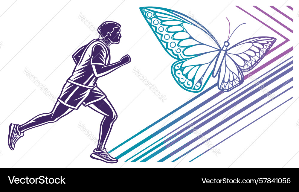 Runner with butterfly and abstract motion lines Vector Image
