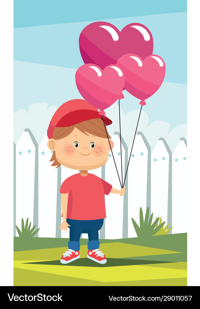 Glücklicher kleiner Junge mit Herzballons Helium Glücklicher kleiner Junge mit Herzballons Helium vektorbild