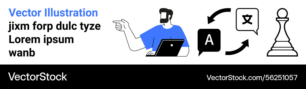Man with laptop gesturing towards language Man with laptop gesturing towards language vector image