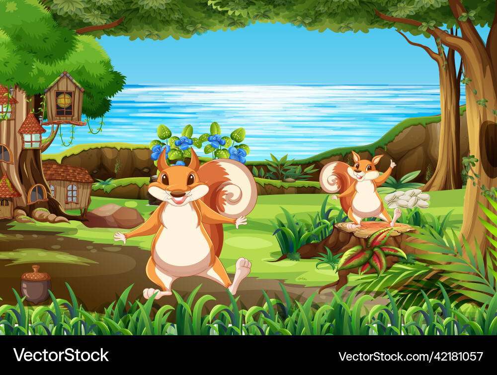 Nature scene with many trees and squirrels Vector Image