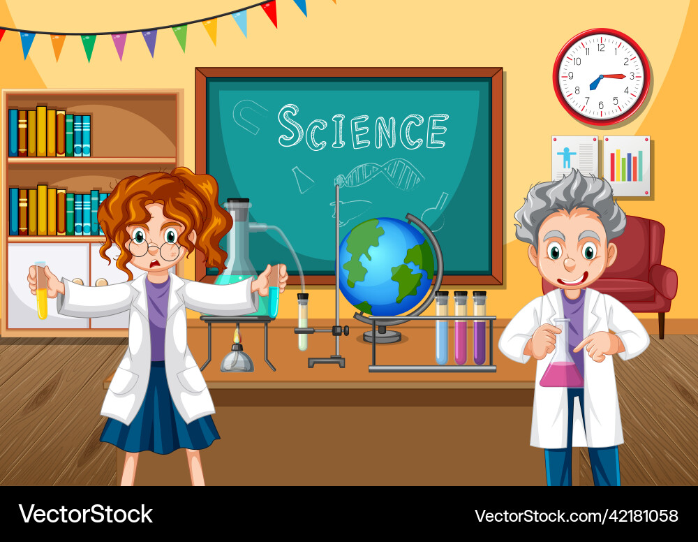 Classroom scene with scientist doing experiment Classroom scene with scientist doing experiment vector image