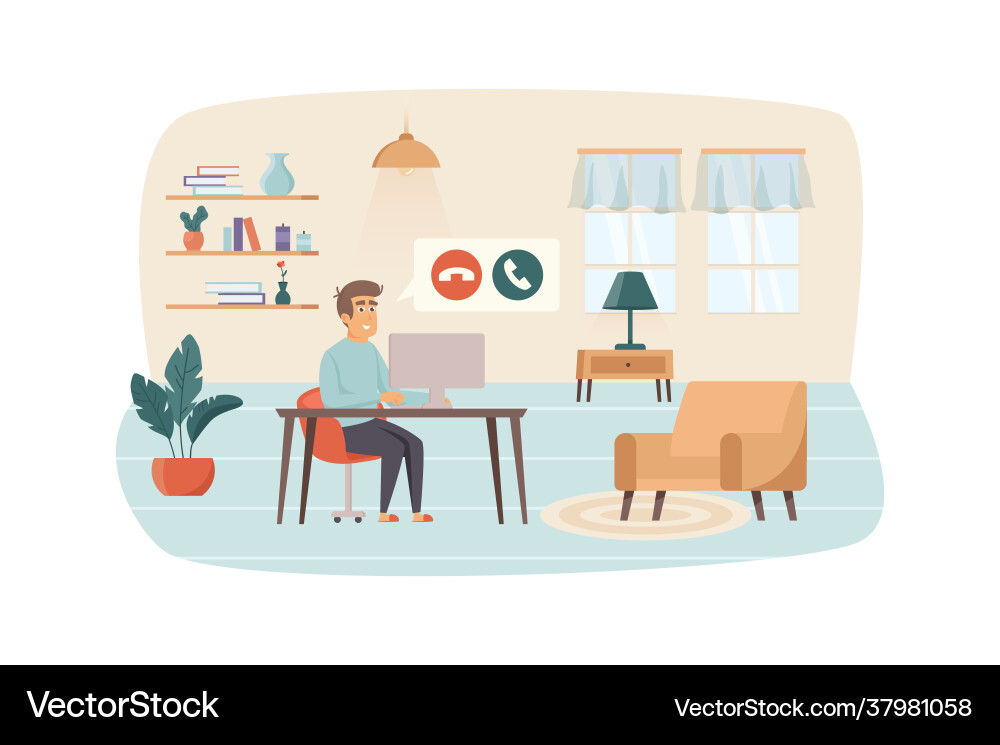 Man makes video calls from computer sitting Man makes video calls from computer sitting Vector Image