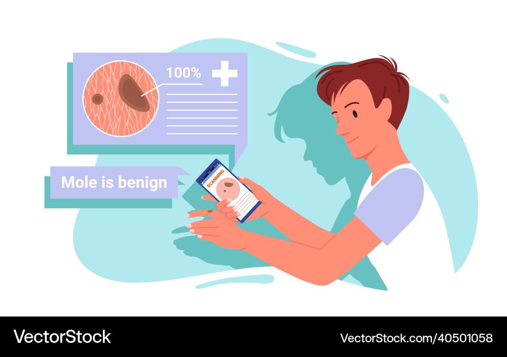 Man with mole test in smartphone app using phone vector image