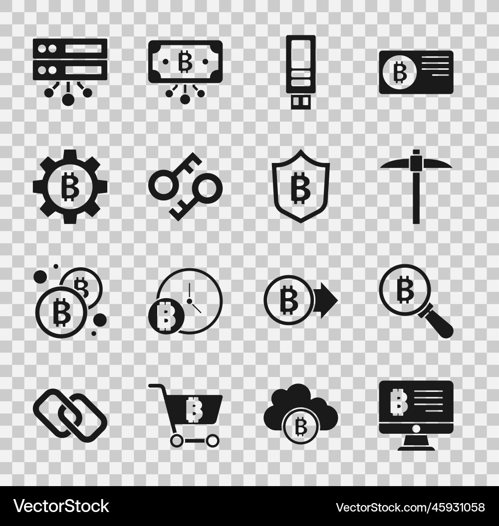 Set mining bitcoin from monitor magnifying glass Set mining bitcoin from monitor magnifying glass Vector Image