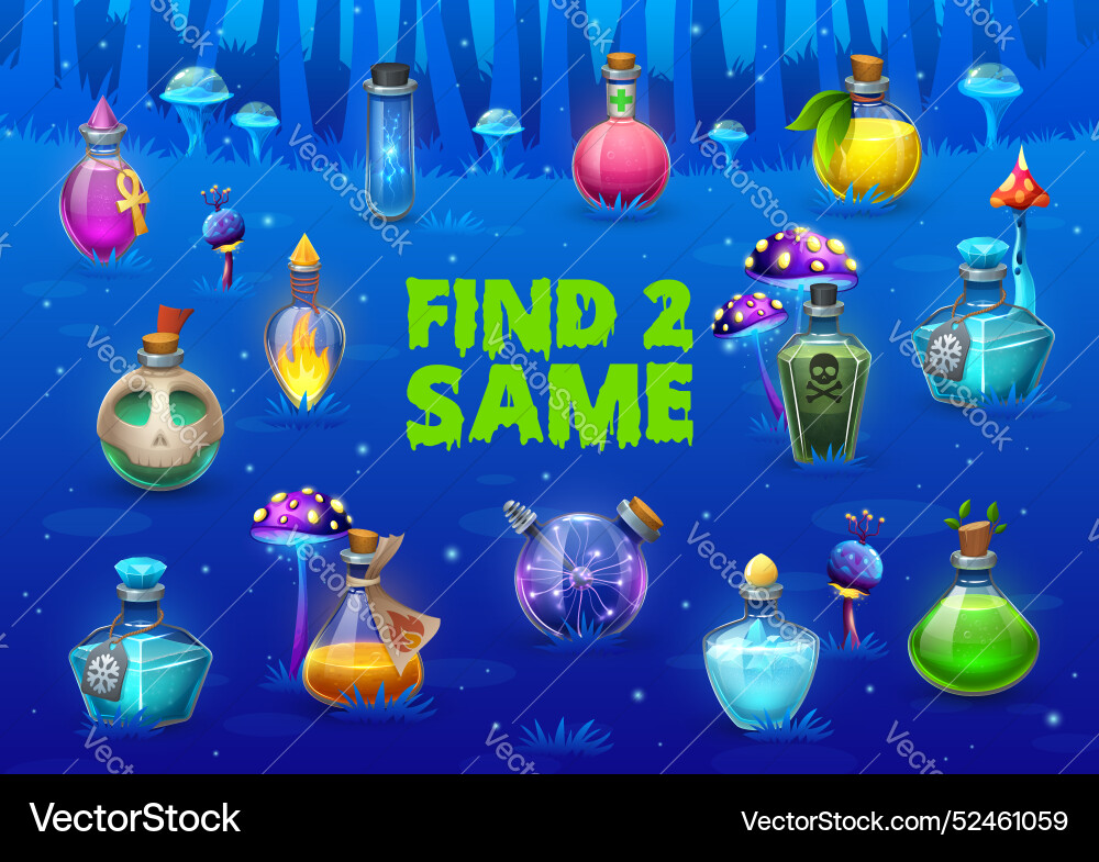 Find two same halloween magic potion bottles game Find two same halloween magic potion bottles game vector image