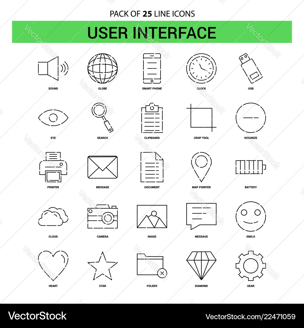 User interface line icon set - 25 dashed outline User interface line icon set - 25 dashed outline vector image