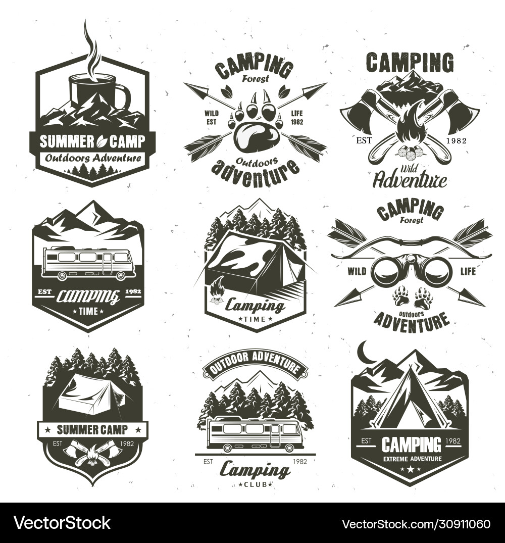 Camping vintage logo set monochrome Camping vintage logo set monochrome vector image